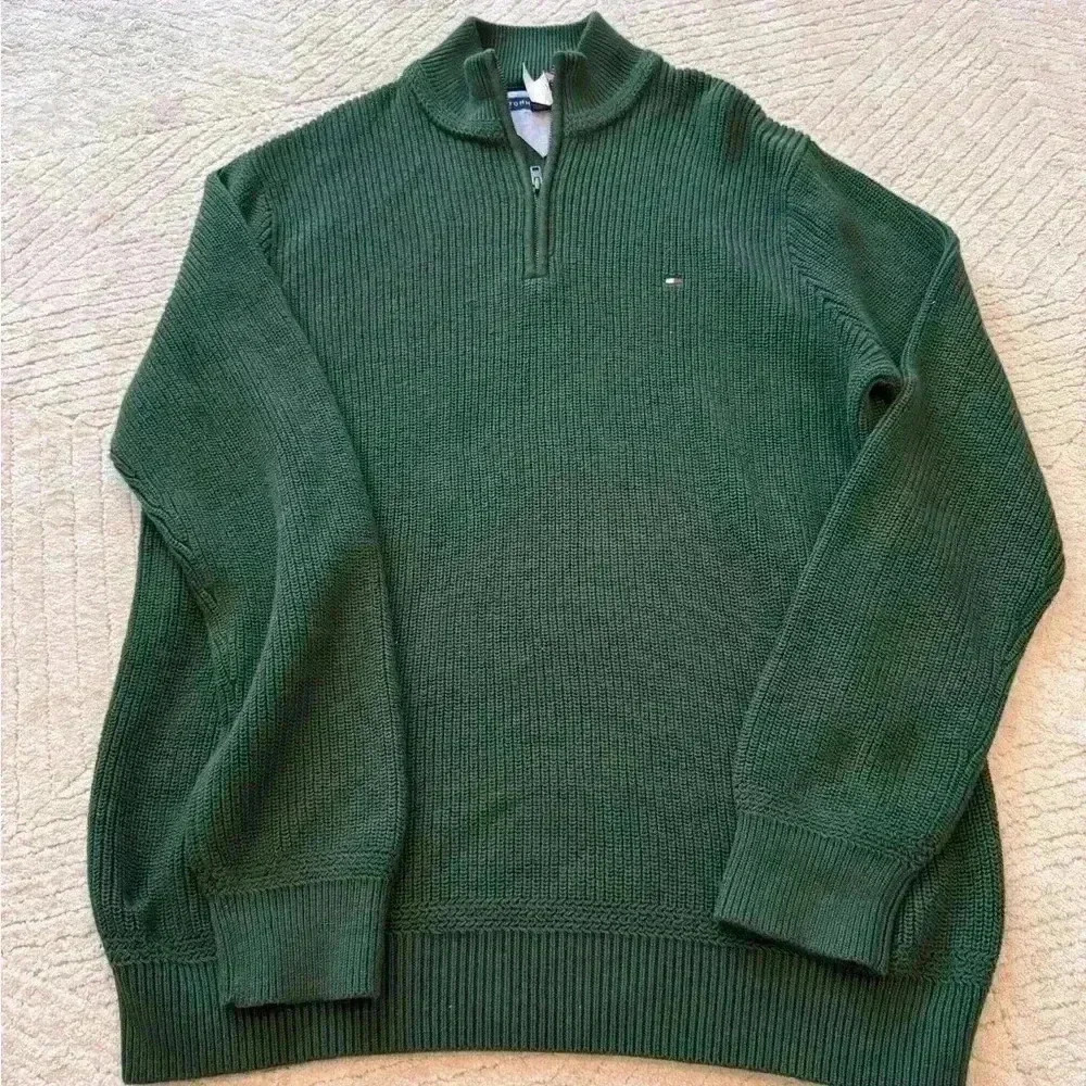 tommy hilfiger mens quarter zip sweater XL green knitted mock turtle neck